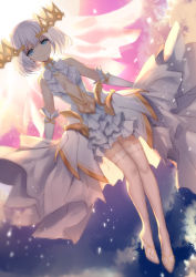 Rule 34 | 1girl, backlighting, bare shoulders, bison cangshu, blue eyes, center opening, closed mouth, date a live, dress, elbow gloves, frilled dress, frills, full body, gloves, headgear, high heels, highres, light particles, long dress, looking at viewer, ribbon, short hair, sleeveless, sleeveless dress, solo, thighhighs, tobiichi origami, veil, white dress, white footwear, white gloves, white hair, white ribbon, white thighhighs