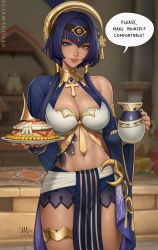 Rule 34 | 1girl, 2022, artist name, blue eyes, blue gemstone, blue hair, blue nails, blurry, blurry background, breasts, brooch, candace (genshin impact), cleavage, commentary, cowboy shot, dark-skinned female, dark skin, detached sleeves, egyptian clothes, english commentary, english text, eye of horus, food, gem, genshin impact, gold trim, hair over shoulder, heterochromia, highres, holding, holding food, holding jug, holding plate, jewelry, large breasts, lips, looking at viewer, nail polish, navel, neck ring, parted lips, pelvic curtain, pitcher (container), plate, sciamano240, short hair with long locks, sidelocks, signature, single bare shoulder, skirt, smile, solo, speech bubble, standing, stomach, teeth, thighlet, thighs, wide sleeves, yellow eyes