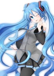 Rule 34 | 1girl, :p, absurdres, blue eyes, blue hair, detached sleeves, hatsune miku, highres, kazenoko, long hair, matching hair/eyes, necktie, one eye closed, skirt, solo, thighhighs, tongue, tongue out, twintails, very long hair, vocaloid, white background