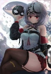 Rule 34 | 1girl, absurdres, b-pang, bad id, bad twitter id, bare shoulders, black hair, black jacket, blush, breasts, brown thighhighs, caution, closed mouth, crossed legs, feet out of frame, garter straps, hair ornament, hand up, highres, holding, holding mask, hololive, jacket, long sleeves, looking at viewer, mask, unworn mask, medium breasts, medium hair, miniskirt, multicolored hair, nail polish, off shoulder, orca, plaid, plaid skirt, pleated skirt, red eyes, red nails, red skirt, revision, sakamata chloe, sakamata chloe (1st costume), shirt, silver hair, sitting, skirt, solo, streaked hair, thighhighs, virtual youtuber, white shirt, x hair ornament