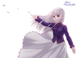 Rule 34 | 1girl, ascot, closed mouth, clothes lift, collared shirt, dress shirt, fate/stay night, fate (series), floating hair, frilled skirt, frills, gyatto624, hair between eyes, illyasviel von einzbern, long hair, long skirt, outstretched arm, petals, pleated skirt, purple ascot, purple shirt, red eyes, shirt, silver hair, simple background, skirt, skirt lift, solo, standing, twitter username, very long hair, white background, white skirt, wind, wind lift, wing collar