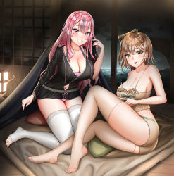 Rule 34 | 2girls, :p, absurdres, architecture, ass, atelier (series), atelier ryza, azur lane, bare shoulders, bird, black jacket, blanket, blush, bow, bracelet, braid, breasts, bremerton (azur lane), bremerton (relaxation consultation) (azur lane), brown eyes, brown hair, camisole, chick, cleavage, clothing cutout, collarbone, commentary, crossover, drawstring, east asian architecture, french braid, frilled camisole, frills, full body, grey hair, grin, hair between eyes, hair bow, hair down, hand up, highres, indoors, itacho (itasha draws), jacket, jewelry, kneeling, lamp, large breasts, long hair, long sleeves, looking at viewer, manjuu (azur lane), mole, mole under eye, multicolored hair, multiple girls, navel, navel cutout, night, off shoulder, official alternate costume, official alternate hairstyle, panties, partially unbuttoned, pillow, pink eyes, pink hair, pink panties, purple tank top, reisalin stout, reisalin stout (late night alchemist), shadow, short hair, sidelocks, sitting, skindentation, smile, streaked hair, tank top, teeth, thighhighs, toeless legwear, tongue, tongue out, two-tone hair, underwear, white thighhighs, yellow camisole, yellow panties, yellow thighhighs