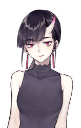 Rule 34 | 1girl, asymmetrical hair, bare arms, bare shoulders, black hair, blunt bangs, breasts, closed mouth, collarbone, earrings, fhalei, horns, jewelry, lips, long hair, looking at viewer, medium breasts, oni horns, ponytail, red eyes, simple background, single horn, sleeveless, solo, upper body, white background