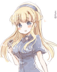 Rule 34 | 1girl, barcode scanner, blonde hair, blush, breasts, double bun, employee uniform, fletcher (kancolle), hair bun, kantai collection, large breasts, lawson, long hair, miko (35nikomi), one-hour drawing challenge, shirt, smile, solo, store clerk, striped clothes, striped shirt, twitter username, uniform, upper body, vertical-striped clothes, vertical-striped shirt, white background