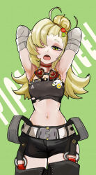 1girl absurdres armpits arms_behind_head arms_up belt black_shorts blonde_hair breasts character_name choker commentary cowboy_shot crop_top detached_sleeves english_commentary goggles goggles_around_neck green_background green_eyes hair_bun hair_over_one_eye highres long_hair looking_at_viewer navel open_mouth otakami999 piper_wheel red_choker shorts simple_background single_hair_bun solo stomach tearing_up white_belt zenless_zone_zero