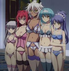 Rule 34 | 10s, 5girls, age difference, ahoge, aqua hair, arms at sides, black legwear, blue bra, blue hair, blue panties, blunt bangs, blush, blush stickers, bow, bow bra, bow panties, bra, braid, breasts, camisole, cleavage, collarbone, cowboy shot, dark-skinned female, dark skin, demon, demon girl, demon horns, door, embarrassed, expressionless, female focus, flipped hair, frilled bra, frilled legwear, frilled panties, frills, frown, garter belt, garter straps, green eyes, groin, hair between eyes, hair intakes, hair ornament, hair ribbon, hair scrunchie, hairband, headdress, height difference, high ponytail, highleg, highleg panties, highres, holding, holding own arm, horns, indoors, lace, lace-trimmed legwear, lace trim, large breasts, light smile, lineup, lingerie, long hair, looking ahead, looking to the side, microskirt, midriff, multicolored bra, multicolored clothes, multicolored legwear, multicolored panties, multiple girls, naruse maria, naruse mio, navel, nonaka kurumi, nonaka yuki, open mouth, panties, parted lips, pink bra, pink eyes, pink legwear, pink panties, pleated skirt, ponytail, purple bra, purple eyes, purple panties, raised eyebrows, red eyes, red hair, ribbon, screencap, scrunchie, shadow, shinmai maou no testament, shinmai maou no testament burst, shiny skin, short hair, siblings, side braid, sideboob, sidelocks, sisters, size difference, skinny, skirt, slender, small breasts, smile, standing, stitched, string panties, thick thighs, thighhighs, thighs, third-party edit, training bra, twintails, two side up, underwear, underwear only, white hair, white legwear, white panties, white skirt, yellow eyes, zest