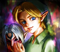 Rule 34 | 1boy, blonde hair, blue eyes, commentary request, hat, holding, holding mask, link, long hair, male focus, mask, mihama66, nintendo, nose, pointy ears, short hair, smile, smirk, solo, the legend of zelda