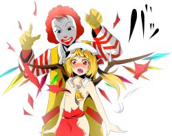 Rule 34 | 1boy, 1girl, afro, bad id, bad pixiv id, blonde hair, blush, fang, flandre scarlet, flat chest, oriennto, ponytail, red eyes, red hair, ronald mcdonald, side ponytail, striped, torn clothes, touhou, wings, you gonna get raped