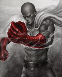 Rule 34 | 1boy, artist name, bald, belt, black belt, black eyes, bodysuit, cape, clenched hands, closed mouth, gloves, male focus, one-punch man, red gloves, saitama (one-punch man), solo, standing, vinrylgrave, white cape