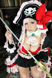 Rule 34 | 1girl, breasts, captain liliana, captain liliana (cosplay), chouzuki maryou, cosplay, hat, highres, large breasts, photo (medium), pink hair, pirate, pirate hat, plump, purple eyes, queen&#039;s blade, queen&#039;s blade rebellion, solo, sword, weapon