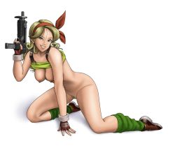Rule 34 | 1girl, arm support, bare shoulders, blonde hair, bottomless, breasts, brown gloves, clothes lift, curly hair, dragon ball, female pubic hair, fingerless gloves, gloves, green eyes, grin, gun, hair ribbon, hanging breasts, irotsuya, kneeling, lips, looking at viewer, loose socks, lunch (bad) (dragon ball), lunch (dragon ball), navel, nipples, parted lips, pinky out, pubic hair, ribbon, shirt, shirt lift, shoes, smile, socks, solo, tank top, weapon