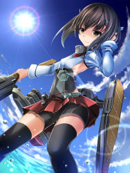 Rule 34 | 10s, 1girl, bike shorts, black thighhighs, brown eyes, brown hair, day, headband, headgear, highres, janne cherry, kantai collection, personification, short hair, skirt, sky, smile, solo, sun, taihou (kancolle), thighhighs, water