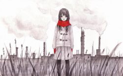 Rule 34 | 1girl, black eyes, black hair, black pantyhose, chimney, coat, expressionless, factory, gloves, grass, long hair, long sleeves, looking at viewer, original, outdoors, painting (medium), pantyhose, pleated skirt, red gloves, red scarf, scarf, skirt, sky, smoke, solo, standing, straight-on, traditional media, watercolor (medium), wheat, white background, white coat, white skirt, white sky, yana kotta
