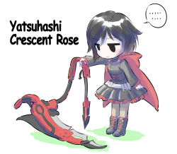 Rule 34 | 1girl, black dress, black hair, chibi, crescent rose, dress, english text, expressionless, frilled dress, frills, full body, holding, iesupa, pantyhose, ruby rose, rwby, scythe, solo, standing, weapon