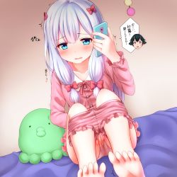 Rule 34 | 10s, 1boy, 1girl, bad id, bad pixiv id, bare legs, barefoot, black hair, blue eyes, blush, bow, cellphone, clothed masturbation, clothes pull, commentary request, eromanga sensei, faubynet, feet, female masturbation, hair bow, highres, holding, holding phone, indoors, izumi masamune, izumi sagiri, long hair, looking at viewer, low-tied long hair, masturbation, masturbation through clothes, open mouth, pajamas, panties, phone, pink bow, purple eyes, pussy juice, shorts, shorts pull, silver hair, sitting, smartphone, soles, spiked hair, stuffed animal, stuffed octopus, stuffed toy, sweat, talking on phone, tareme, tears, through clothes, toes, translated, trembling, underwear, wet, wet clothes, wet panties, white panties