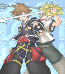 Rule 34 | 00s, 2000s (style), 2boys, back-to-back, blonde hair, blue background, brown hair, chain, chain necklace, fingerless gloves, gloves, hidden eyes, holding, holding weapon, jewelry, keyblade, kingdom hearts, kingdom hearts ii, lowres, multiple boys, necklace, open mouth, reaching, reaching towards viewer, rendezvous, roxas, short-sleeved shirt, shorts, smile, sora (kingdom hearts), spiked hair, thigh strap, weapon