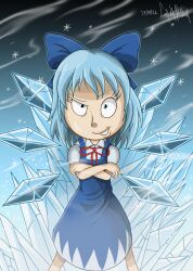 Rule 34 | 1girl, blue eyes, blue hair, cirno, embodiment of scarlet devil, fairy, frozen, highres, ice, lupeco98, self-upload, smile, tim burton (style), toon (style), touhou