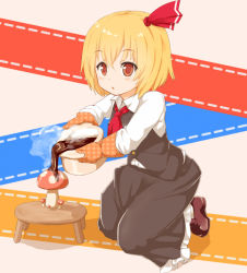 Rule 34 | 1girl, :o, blonde hair, chiroshiron, chocolate, chocolate covered, frilled skirt, frills, hair ribbon, mushroom, open mouth, oven mitts, pot, pouring, red eyes, ribbon, rumia, shirt, short hair, skirt, steam, touhou, vest