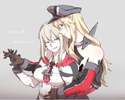 Rule 34 | 10s, 2girls, bare shoulders, bismarck (kancolle), black gloves, blonde hair, blue eyes, breasts, brown gloves, capelet, character name, cross, detached sleeves, female focus, gloves, gradient background, graf zeppelin (kancolle), grey background, hair between eyes, hat, holding hands, hug, hug from behind, interlocked fingers, iron cross, kantai collection, large breasts, long hair, long sleeves, looking at another, military, military uniform, multiple girls, open mouth, pale skin, peaked cap, simple background, smile, takatsuki nato, taut clothes, teeth, uniform, upper body, yuri