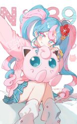 Rule 34 | 1girl, arm up, blue eyes, blue hair, blue skirt, blush, chibirisu, choker, closed mouth, commentary, creatures (company), fairy miku (project voltage), flower, game freak, gen 1 pokemon, grin, hair flower, hair ornament, hatsune miku, heart, heart choker, highres, jigglypuff, long hair, long sleeves, looking at viewer, loose socks, multicolored hair, nail polish, nintendo, on lap, open mouth, pink choker, pink hair, pink sweater, pokemon, pokemon (creature), pokemon on lap, project voltage, red nails, scrunchie, signature, sitting, skirt, smile, socks, sweater, twintails, twitter username, two-tone hair, very long hair, vocaloid, white background, wrist scrunchie