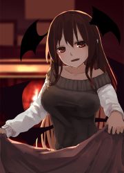 Rule 34 | 1girl, :o, alternate costume, backlighting, bare shoulders, bat wings, blanket, blurry, blush, breasts, bright pupils, collarbone, commentary request, depth of field, fang, fire, fireplace, futatsuki eru, hair between eyes, head tilt, head wings, holding, holding blanket, koakuma, large breasts, long hair, looking at viewer, low wings, pointy ears, red eyes, red hair, sweater, touhou, very long hair, white pupils, wings