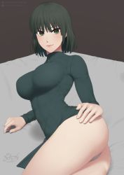 Rule 34 | 1girl, ass, black hair, blunt bangs, bob cut, breasts, closed mouth, covered navel, dark green hair, dress, from behind, fubuki (one-punch man), green eyes, hand on own hip, impossible clothes, impossible dress, large breasts, linea alba, lips, long sleeves, looking at viewer, looking back, lying, medium hair, on side, one-punch man, panties, putcher, smile, solo, taut clothes, taut dress, thighs, tight clothes, tight dress, tsurime, turtleneck, turtleneck dress, underwear, white panties
