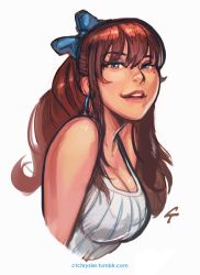 Rule 34 | 1girl, bliss barson, blue eyes, bow, breasts, brown hair, caleb thomas, cleavage, cryamore, earrings, eyeshadow, hair bow, highres, jewelry, large breasts, long hair, makeup, mole, mole under eye, smile, solo, watermark, web address