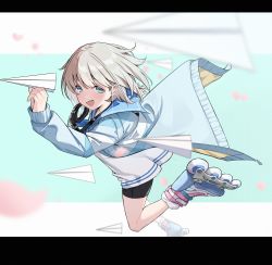 Rule 34 | 1girl, absurdres, arm up, blue eyes, blue hoodie, floating hair, from side, grey hair, highres, hood, hoodie, idolmaster, idolmaster shiny colors, letterboxed, long sleeves, looking at viewer, open mouth, pants, paper airplane, roller skates, serizawa asahi, short hair, shorts, skates, solo, tamago (eva1314056), tight clothes, tight pants, visor