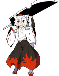Rule 34 | 1girl, absurdres, agu (antyosan), ahoge, animal ears, bare shoulders, bleach, detached sleeves, geta, hat, highres, huge weapon, inubashiri momiji, open mouth, pom pom (clothes), red eyes, ribbon, ribbon-trimmed sleeves, ribbon trim, short hair, silver hair, simple background, solo, sword, tail, tokin hat, touhou, weapon, white background, wolf ears, wolf tail