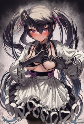 Rule 34 | 1girl, ahoge, apron, areola slip, bikini, bikini top only, black bikini, black bow, black bowtie, black gloves, black hair, black skirt, blush, bow, bowtie, breasts, brown thighhighs, cowboy shot, detached collar, frilled apron, frilled sleeves, frills, gloves, hair between eyes, hair ribbon, heart, heart-shaped boob challenge, heart hands, high-waist skirt, highres, long hair, long sleeves, looking at viewer, medium breasts, original, priite hari (torriet), purple bow, purple eyes, purple ribbon, ribbon, skirt, solo, standing, swimsuit, thighhighs, torriet, twintails, v-shaped eyebrows, very long hair, white apron