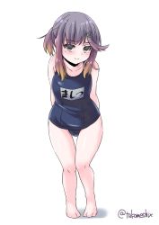 Rule 34 | 1girl, arms behind back, barefoot, blue one-piece swimsuit, character name, commentary request, flat chest, full body, gradient hair, highres, kantai collection, looking at viewer, multicolored hair, name tag, one-hour drawing challenge, one-piece swimsuit, orange hair, purple eyes, purple hair, school swimsuit, short hair, sidelocks, simple background, smile, solo, swimsuit, takomeshi, thigh gap, tsushima (kancolle), twitter username, white background