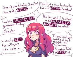 Rule 34 | 1girl, breasts, choker, cleavage, commentary request, facial mark, fire emblem, fire emblem engage, highres, large breasts, long hair, nintendo, pink choker, purple eyes, purple shirt, red hair, sher (imnotsher), shirt, solo, speech bubble, star (symbol), upper body, very long hair, yunaka (fire emblem)
