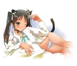 Rule 34 | 00s, 1girl, animal ears, bad id, bad pixiv id, black hair, blush, cat ears, cat tail, closed mouth, francesca lucchini, green eyes, midriff, navel, one eye closed, panties, pillow, saeki touma, solo, strike witches, striped clothes, striped panties, tail, twintails, unbuttoned, underwear, world witches series