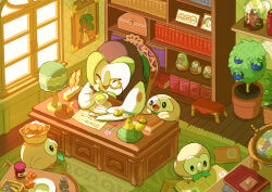 Rule 34 | basket, book, bookshelf, closed eyes, commentary request, creatures (company), cup, dartrix, decidueye, desk, game freak, gen 7 pokemon, globe, highres, holding, holding cup, indoors, jar, monocle, nintendo, no humans, phone, plant, pokemon, pokemon (creature), portrait (object), potted plant, quill, reading, rowlet, rug, saucer, shelf, spoon, steam, teacup, uroko (rwde4544), window