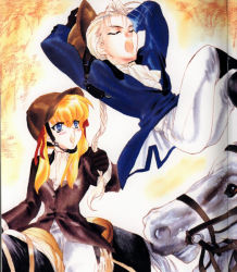 Rule 34 | 1boy, 1girl, ascot, blonde hair, blue eyes, braid, brother and sister, e&#039;s, closed eyes, hat, horse, horseback riding, ooyari ashito, open mouth, riding, saddle, scan, shen-long belvedere, shen-lu belvedere, siblings, square enix, traditional media, twintails, white hair, yuiga satoru