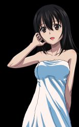 Rule 34 | 10s, 1girl, :d, arm behind back, black hair, breasts, brown eyes, cleavage, collarbone, hand in own hair, himeragi yukina, long hair, looking at viewer, naked towel, open mouth, smile, solo, standing, strike the blood, towel, transparent background, white towel