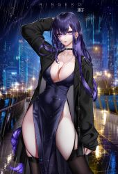 Rule 34 | 1girl, bag, black thighhighs, breasts, bridge, choker, cityscape, cleavage, collarbone, contrapposto, covered navel, earrings, garter straps, genshin impact, highres, jacket, jewelry, large breasts, long hair, looking at viewer, necklace, outdoors, parted lips, purple eyes, purple hair, raiden shogun, rain, ringeko-chan, side slit, skindentation, solo, thighhighs, very long hair