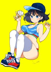 Rule 34 | 1girl, ass, bare shoulders, baseball cap, black hair, blue eyes, blush, breasts, cleavage, food, food on face, full body, green nails, hat, highres, ice cream, medium breasts, mojarin (kihara mojarin), nail polish, original, shoes, simple background, sitting, sneakers, solo, thighhighs, white thighhighs, yellow background