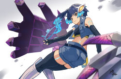 Rule 34 | 1girl, aqua hair, ass, black gloves, black shirt, black thighhighs, blue hair, blue shorts, blue vest, body markings, breasts, brown eyes, crop top, disembodied limb, elbow gloves, fiery hair, fingerless gloves, from behind, gloves, glowing, highres, mechanical hands, midriff, multicolored hair, neon trim, sena (xenoblade), shirt, shorts, sleeveless, sleeveless shirt, small breasts, solo, thighhighs, two-tone hair, upper body, vest, xenoblade chronicles (series), xenoblade chronicles 3, yanagimachi