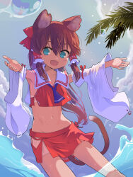 Rule 34 | 1girl, animal ears, ascot, bare shoulders, blue ascot, blue eyes, blush, bow, brown hair, day, detached sleeves, fang, hair between eyes, hair bow, hair tubes, hakurei reimu, highres, japanese clothes, medium hair, navel, nontraditional miko, open mouth, puuakachan, red bow, red skirt, sidelocks, skin fang, skirt, smile, solo, tail, touhou, water, water drop, white sleeves, wide sleeves