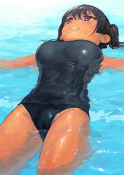 Rule 34 | 1girl, black hair, black one-piece swimsuit, breasts, covered navel, floating, hair between eyes, highres, kaedeko (kaedelic), large breasts, looking up, one-piece swimsuit, oppai loli, original, parted lips, partially submerged, red eyes, sasaki kanna (kaedeko), school swimsuit, short hair, solo, swimsuit, tan, thighs, twintails, water, wet