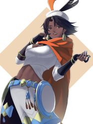 Rule 34 | 1girl, belt, black hair, blue nails, breasts, brown eyes, brown lips, cape, cleavage, dark-skinned female, dark skin, earrings, elbow gloves, fingerless gloves, fire emblem, fire emblem engage, gloves, hat, highres, holding, jewelry, lipstick, makeup, mature female, medium breasts, nail polish, nintendo, pomelomelon, queen, ring, seforia (fire emblem), short hair, smile, solo, star-shaped pupils, star (symbol), symbol-shaped pupils