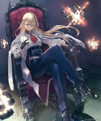 Rule 34 | 1girl, ascot, black gloves, blonde hair, braid, chair, closed mouth, coat, coat on shoulders, collared shirt, company name, copyright notice, crossed legs, cube, floating, floating object, gloves, green eyes, multicolored hair, nahtnaught, official art, on chair, pants, ponzu (catponz), shadowverse, shirt, shoes, sitting, smile, solo, streaked hair