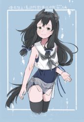 Rule 34 | 1girl, black hair, black thighhighs, blue background, blue one-piece swimsuit, cropped legs, grey neckerchief, hair ribbon, headgear, i-47 (kancolle), kantai collection, kokko (014kko), long hair, low-tied long hair, neckerchief, one-piece swimsuit, ribbon, ripples, sailor collar, see-through, see-through skirt, sidelocks, simple background, skirt, sleeveless, smile, solo, swimsuit, swimsuit under clothes, thighhighs, very long hair, water, white sailor collar, yellow eyes