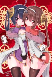 Rule 34 | 2girls, ahoge, artist name, ass, azur lane, black hair, black legwear, breast press, breasts, brown coat, brown hair, chinese clothes, cleavage, cleavage cutout, clothes lift, clothing cutout, coat, cowboy shot, dated, dress, dress lift, fur trim, hair ornament, hairband, long hair, long sleeves, looking at viewer, looking back, microdress, multiple girls, ning hai (azur lane), not on shana, off shoulder, open clothes, open coat, panda, panties, ping hai (azur lane), purple dress, purple eyes, red background, red dress, red eyes, side-tie panties, side slit, signature, single thighhigh, skindentation, small breasts, symmetrical docking, thighhighs, twintails, underwear, white hairband, white panties
