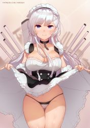 Rule 34 | 1girl, azur lane, bare shoulders, belfast (azur lane), blue eyes, blurry, blurry background, blush, braid, breasts, chain, cleavage, closed mouth, clothes lift, collar, collarbone, commentary, corset, cowboy shot, depth of field, detached sleeves, dress, dress lift, english commentary, french braid, frills, gluteal fold, grey background, kimoshi, large breasts, lifting own clothes, long hair, looking at viewer, maid, maid headdress, panties, silver hair, smile, solo, swept bangs, thigh gap, thighs, turret, underwear, upskirt, white dress, white panties
