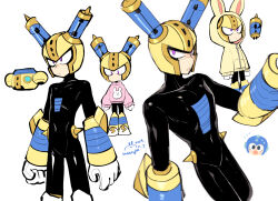 Rule 34 | 2boys, android, animal ear hood, animal ears, animal print, arm up, armor, black bodysuit, blue eyes, bodysuit, clenched hand, commentary request, covered navel, fake animal ears, feet out of frame, flying sweatdrops, fuse, fuse man, gloves, helmet, hood, hood up, hoodie, joints, looking at viewer, male focus, mega man (character), mega man (classic), mega man (series), mega man 11, multiple boys, multiple views, parted lips, pink sweater, purple eyes, rabbit ears, rabbit print, robot, robot joints, simple background, solo focus, standing, sweat, sweater, unworn armor, vambraces, wenyu, white background, white gloves, yellow armor, yellow headwear, yellow hoodie, zipped, zipped hoodie, zipper