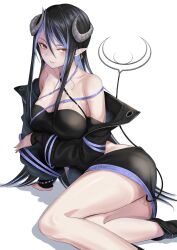 Rule 34 | 1girl, absurdres, arm under breasts, black hair, black jacket, black skirt, black tube top, blue hair, blush, breasts, closed mouth, commentary request, curled horns, demon girl, demon horns, demon tail, feet out of frame, grey horns, hair between eyes, hebiyoi tier, hebiyoi tier (1st costume), highres, horns, jacket, large breasts, long hair, looking at viewer, lying, nanashi inc., off shoulder, on side, pointy ears, red eyes, sankyo (821-scoville), simple background, skirt, smile, snake bite, solo, strapless, sugar lyric, tail, tube top, very long hair, virtual youtuber, white background