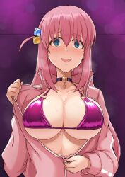 Rule 34 | 1girl, @ @, absurdres, bikini, black choker, blue eyes, blush, bocchi the rock!, breasts, breasts out, choker, cleavage, clothes pull, collarbone, cube hair ornament, dress, embarrassed, fingernails, gotoh hitori, hair between eyes, hair ornament, halter dress, halterneck, heart, heart choker, highres, jacket, jacket pull, large breasts, long fingernails, long hair, long sleeves, looking at viewer, nail polish, nervous smile, one side up, open clothes, open jacket, open mouth, partially unzipped, pink hair, pink jacket, pink nails, pulled by self, shiny clothes, skindentation, smile, solo, strap gap, string bikini, sweat, swimsuit, track jacket, twogie, underboob, unzipping, very long hair, zipper pull tab