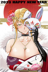 Rule 34 | 1girl, 2023, absurdres, ahoge, alternate costume, artoria pendragon (fate), artoria pendragon (lancer) (fate), bar censor, bare shoulders, black gloves, blush, breasts, censored, cleavage, closed mouth, egasumi, elbow gloves, fate/grand order, fate (series), floral print, floral print kimono, flower, gloves, green eyes, highres, holding, holding mask, huge breasts, japanese clothes, jewelry, kimono, large breasts, leather, leather gloves, looking at viewer, mask, necklace, new year, open clothes, open shirt, parted hair, pink flower, pink rose, rabbit mask, red flower, red rose, rose, shiki (love-saber), short hair, short hair with long locks, smile, solo, swept bangs, unworn mask, white kimono